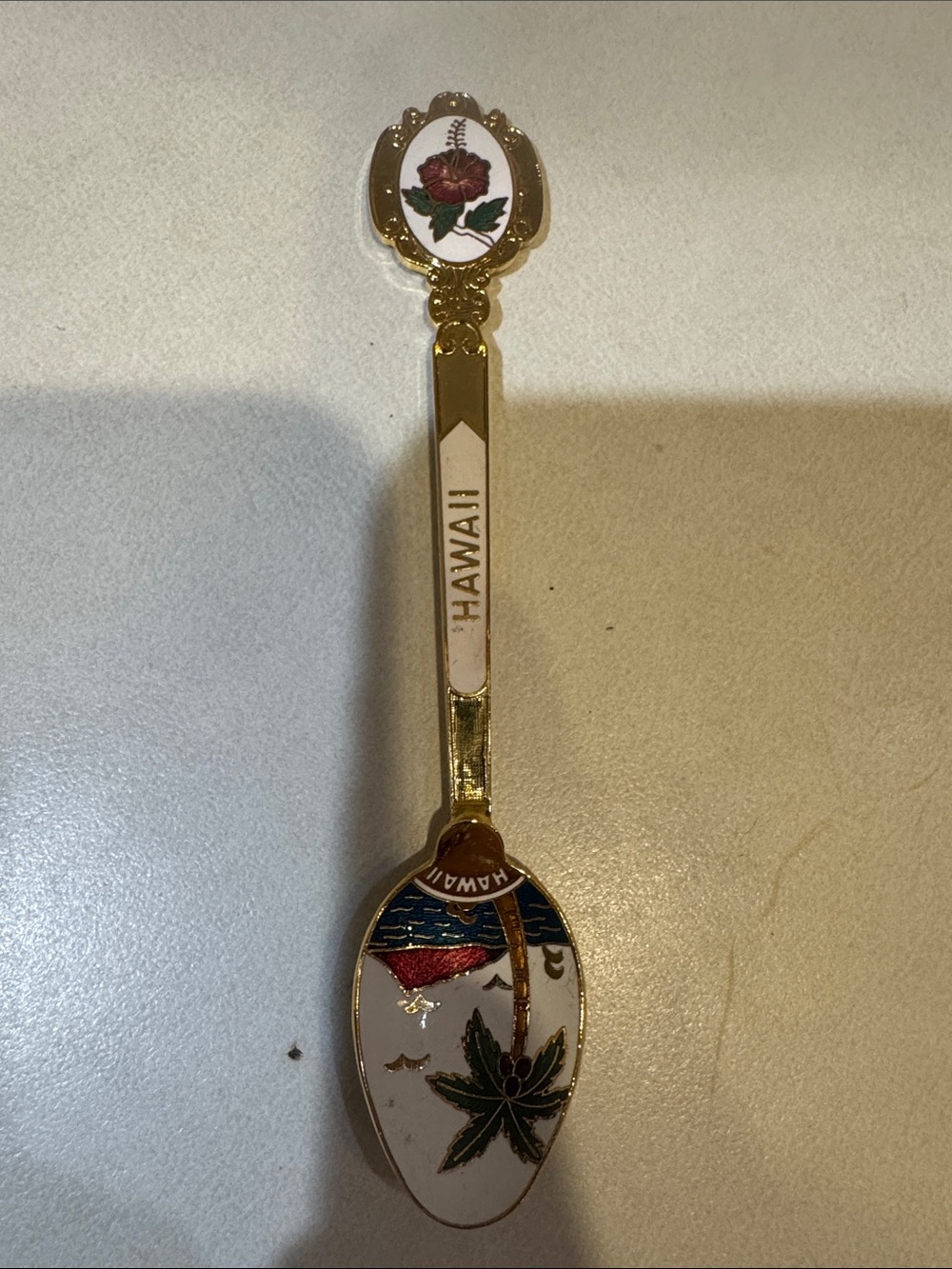 Hawaii Gold Tone Decorative Souvenir Spoon - White and Green